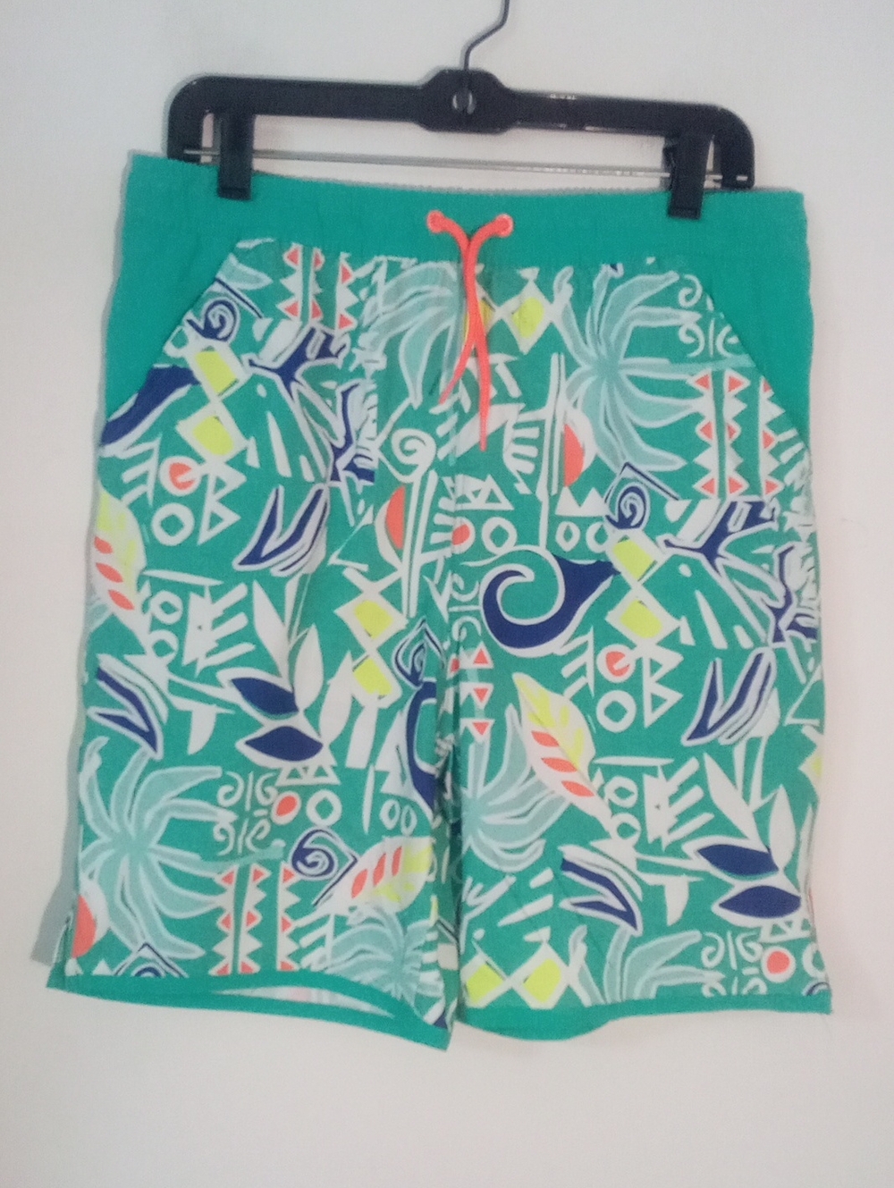 * Lands End Men's Teal Tropical Print Swim Shorts Neon Drawstring XXL NWT $43